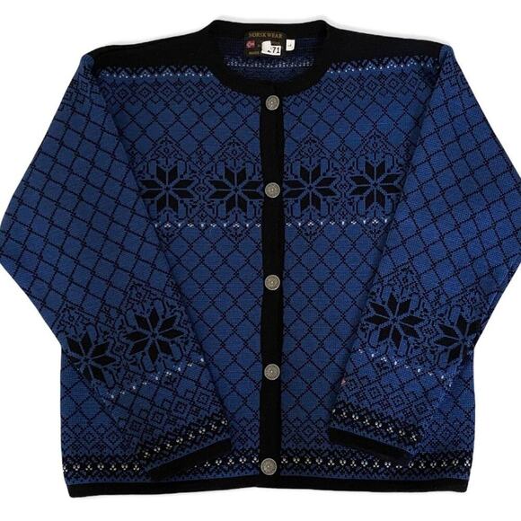 Norskwear Nordic 100% Lambs Wool Blue and Black Cardigan Sweater Large - Picture 1 of 8